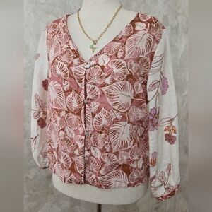 Tahari 100% Linen Tropical Leaf Print Button Front Blouse Medium